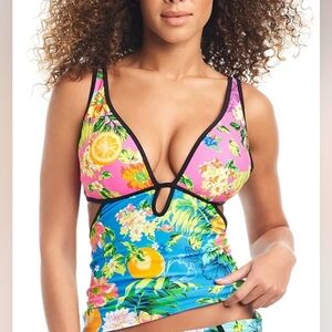 NWOT Bar III Summer Spritz Plunge Tankini Top Sz L Multicolor Plunge Floral